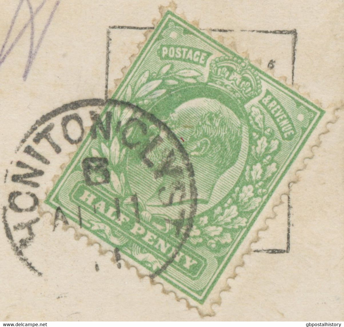 GB 1911 EVII ½d Harrison Printing On VF Embossed (cat = Felt) Postcard Rare Thimble 19mm „HONITON CLYST“ (Clyst Honiton) - Briefe U. Dokumente