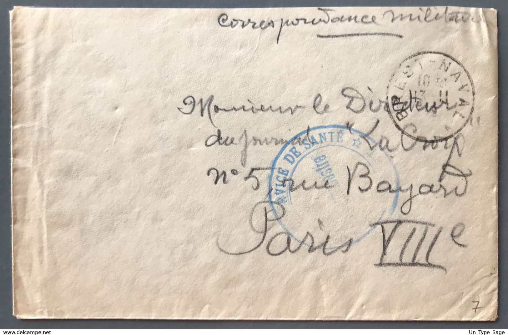 France TAD POSTE NAVAL + Cachet Bleu SERVICE DE SANTE Sur Enveloppe - (B3723) - Poste Navale