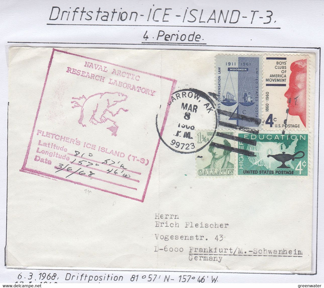 USA Driftstation ICE-ISLAND T-3 Cover Fletcher's  Ice Island T-3 Periode 4 Ca  MR 8 1968  (DR130) Cover Is Folded - Forschungsstationen & Arctic Driftstationen