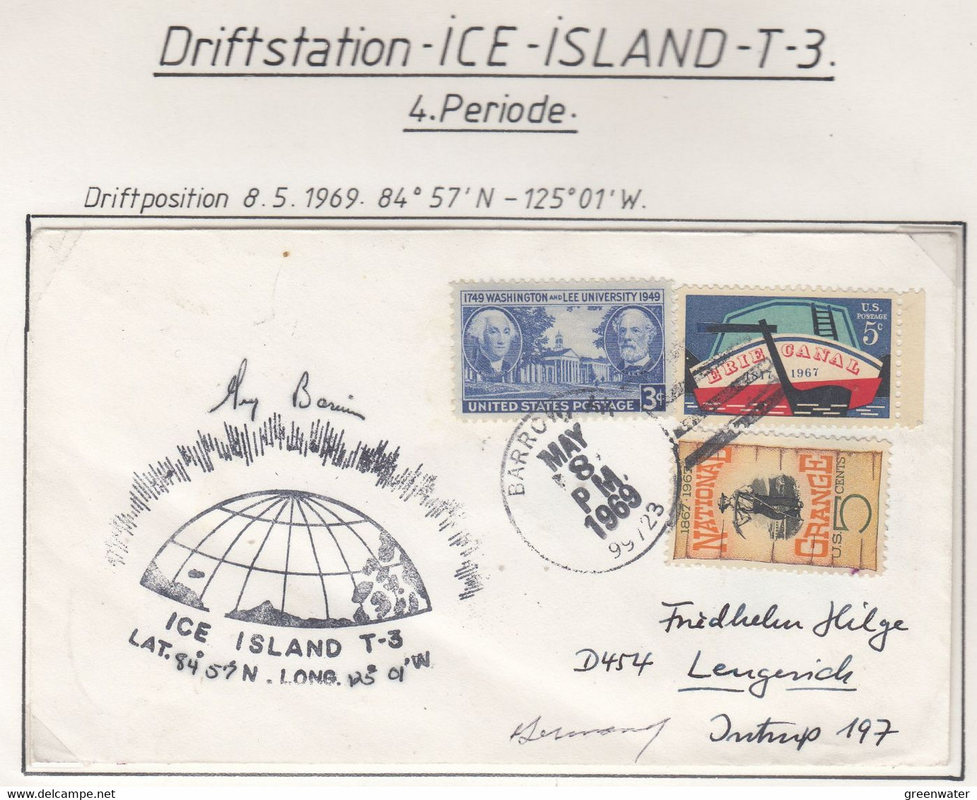 USA Driftstation ICE-ISLAND T-3 Cover Ice Island T-3 Periode 4 Ca  MAY 8 1969 Signature  (DR131) - Estaciones Científicas Y Estaciones Del Ártico A La Deriva