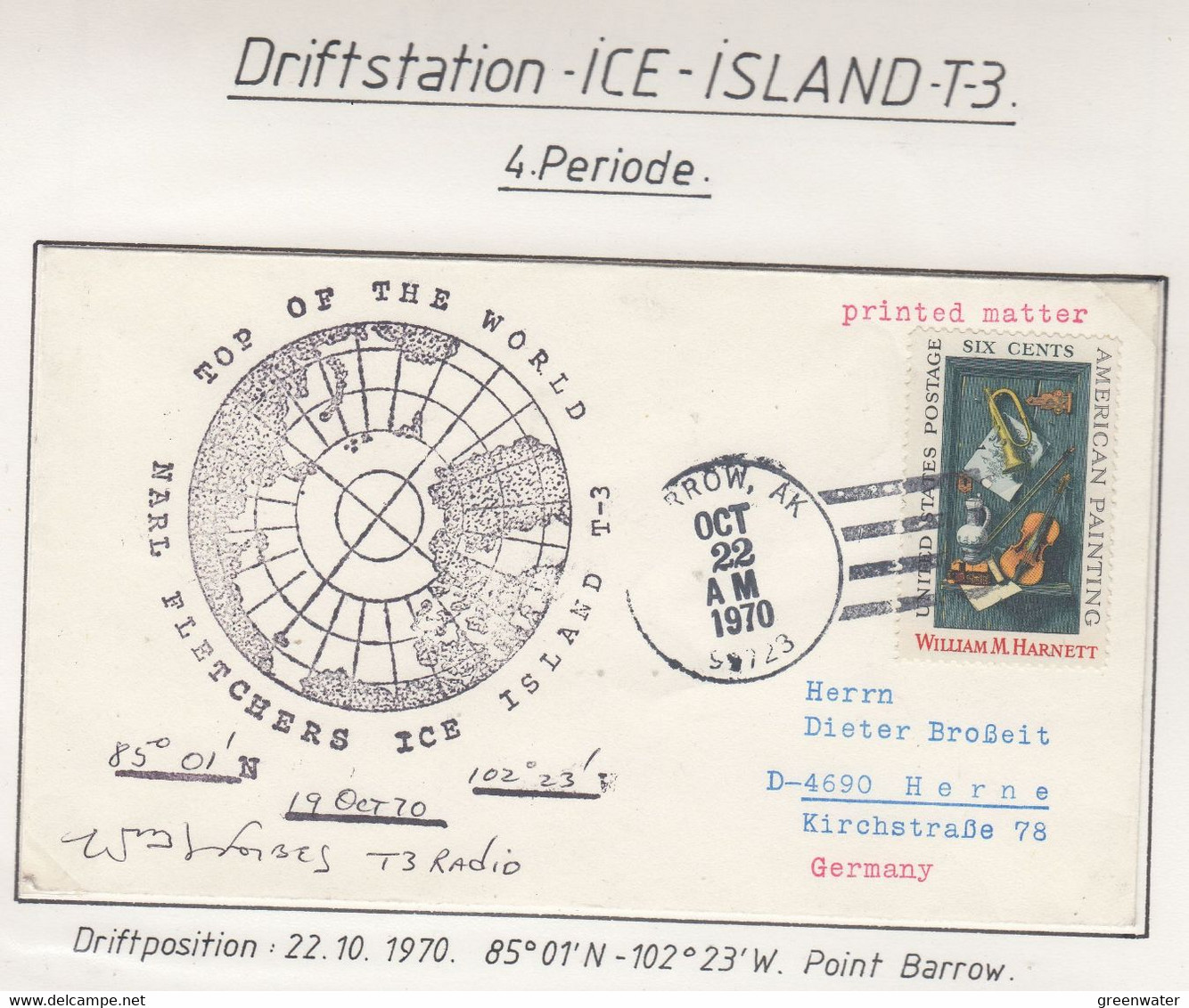 USA Driftstation ICE-ISLAND T-3 Cover Fletcher's Ice Island T-3 Periode 4 Ca OCT 23 1970  Signature (DR133) - Forschungsstationen & Arctic Driftstationen