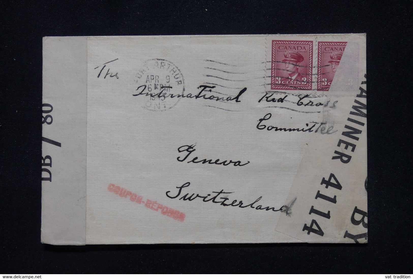 CANADA - Enveloppe De Port Arthur Pour La Suisse (Croix Rouge ) En 1943 Avec Contrôle Postal - L 111469 - Brieven En Documenten