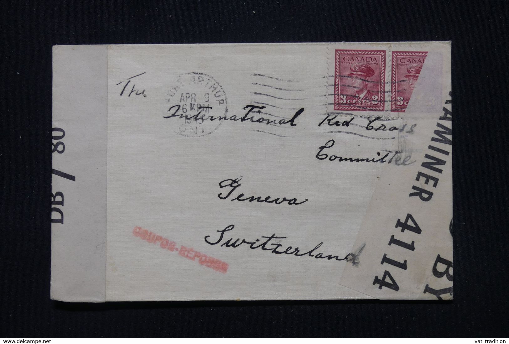 CANADA - Enveloppe De Port Arthur Pour La Suisse (Croix Rouge ) En 1943 Avec Contrôle Postal - L 111469 - Cartas