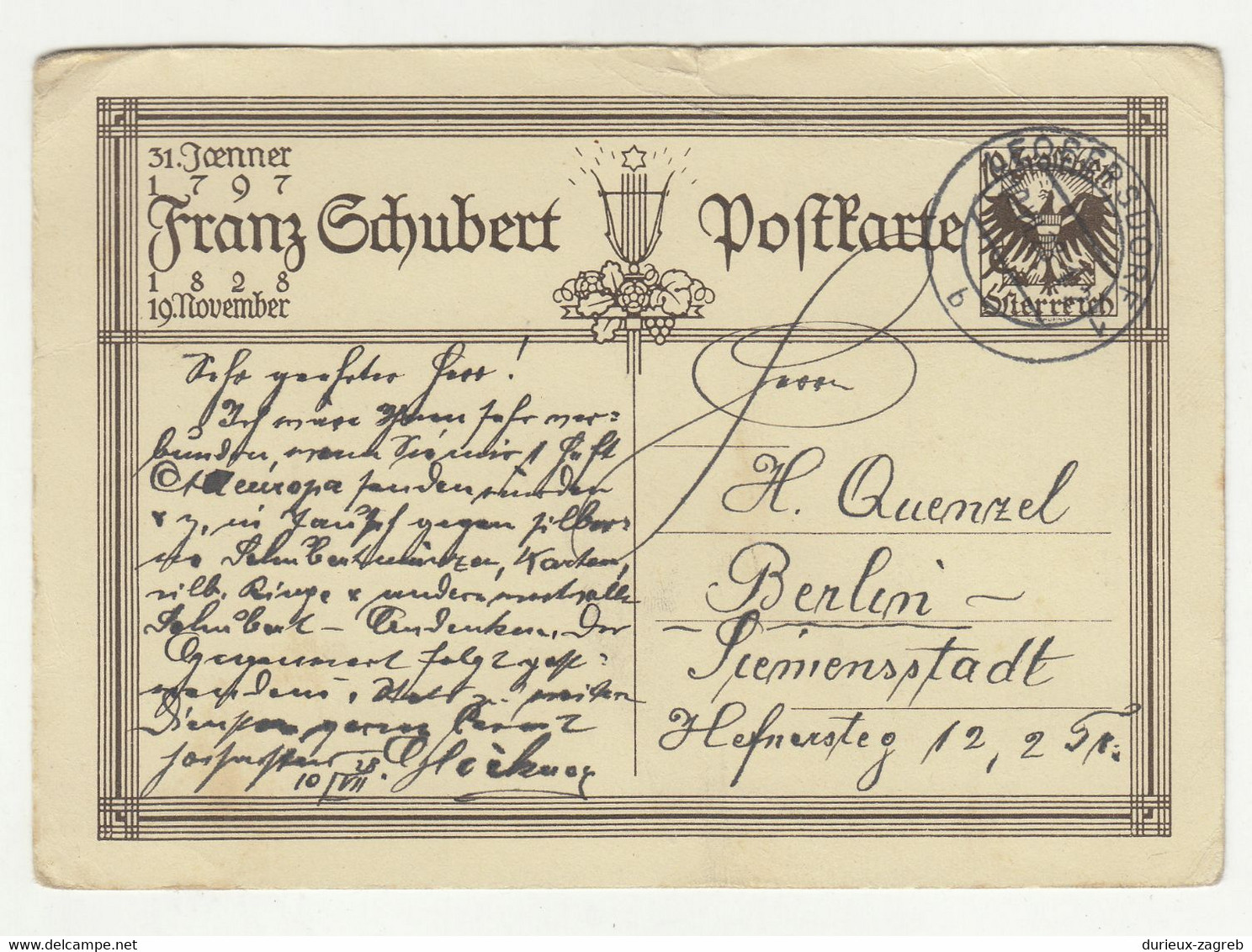 Franz Schubert Illustrated Postal Stationery Postcard Posted 1928 B211201 - Otros & Sin Clasificación