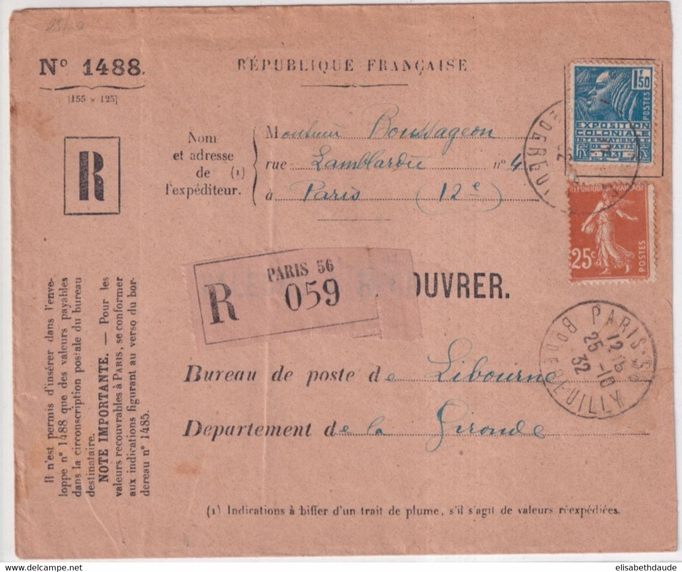 1932 - EXPO 31 + SEMEUSE Sur ENVELOPPE RECOMMANDEE RECOUVREMENT De PARIS - Storia Postale