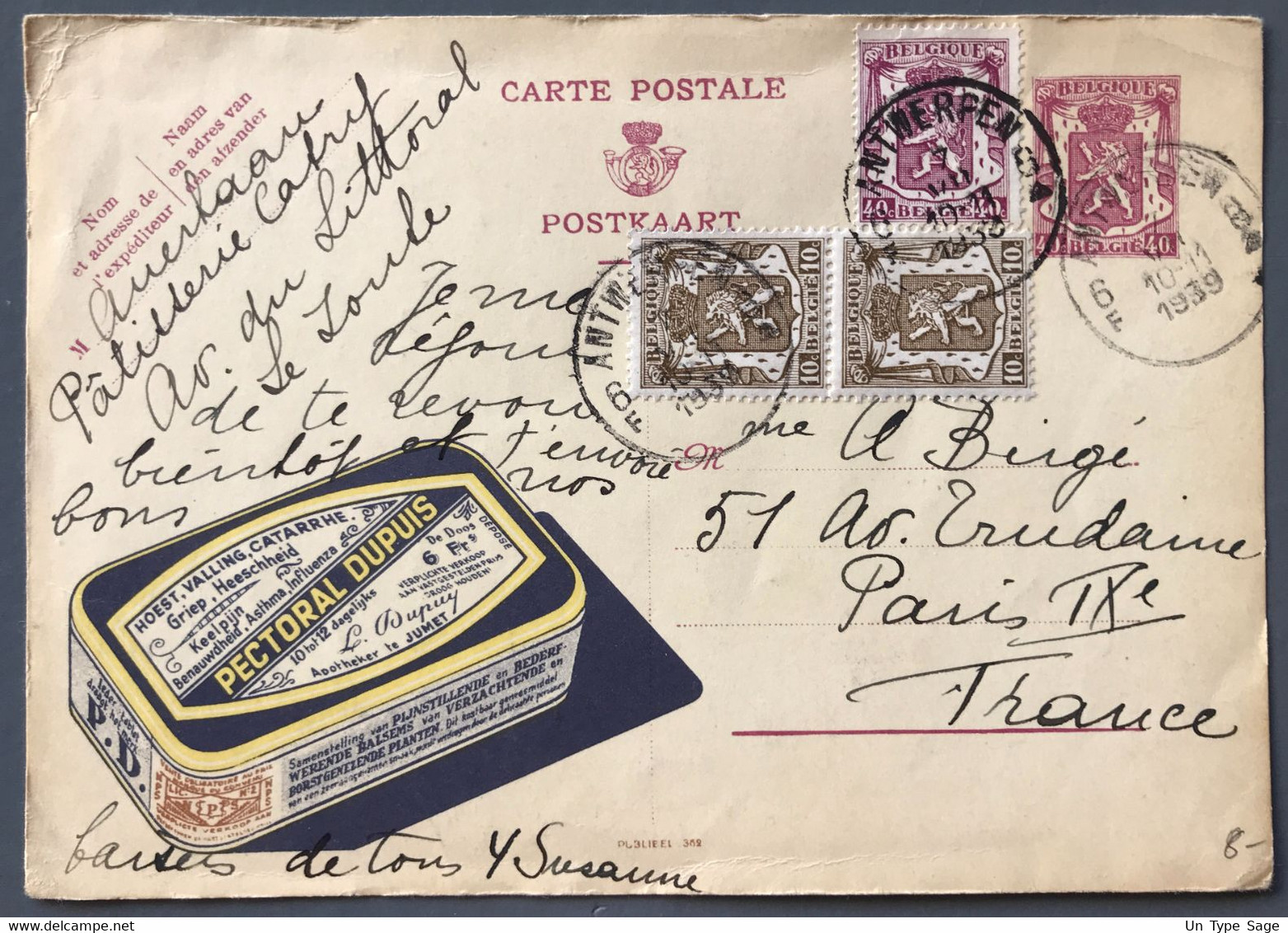 Belgique, Entier Carte Postale Avec PUBLICITE (PECTORAL DUPUIS) 1939 - (B3794) - 1935-1949 Petit Sceau De L'Etat