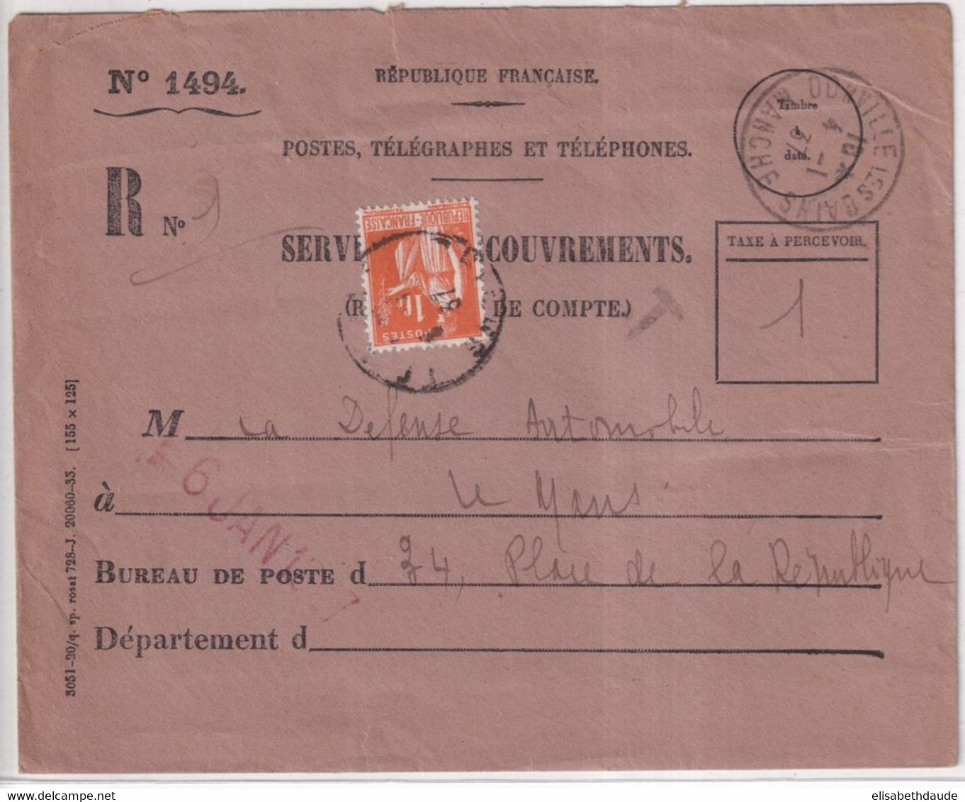 1937 - PAIX RARE SEUL Sur LETTRE (TAXE) RECOMMANDEE RECOUVREMENT DONVILLE LES BAINS (MANCHE) - 1932-39 Paix