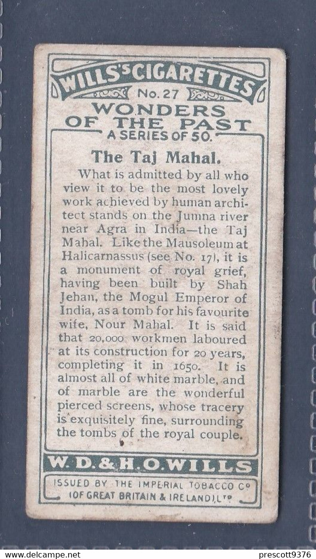 Wonders Of The Past 1926 - 27 The Taj Mahal, India -  Wills Cigarette Card - Original  - - Wills