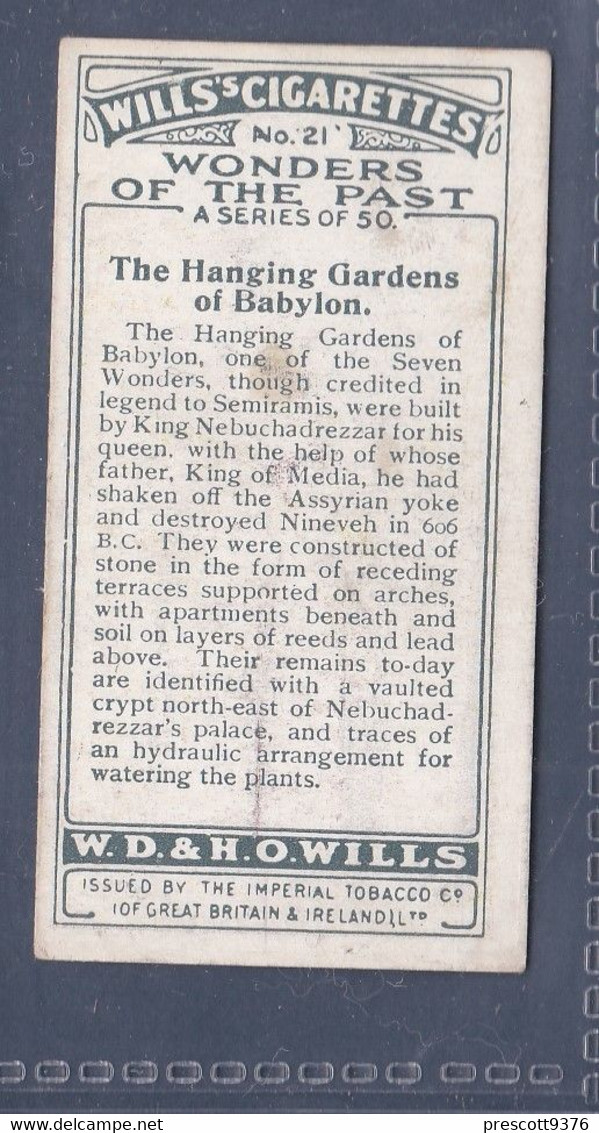 Wonders Of The Past 1926 - 21 The Hanging Gardens Of Babylon -  Wills Cigarette Card - Original  - - Wills
