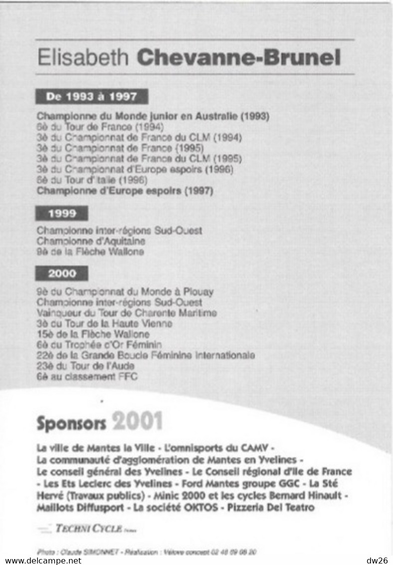 Fiche Cyclisme - Elisabeth Chevanne-Brunel, Championne D'Europe Espoirs 1997 - Equipe C.A. Mantes La Ville 78 - Sport