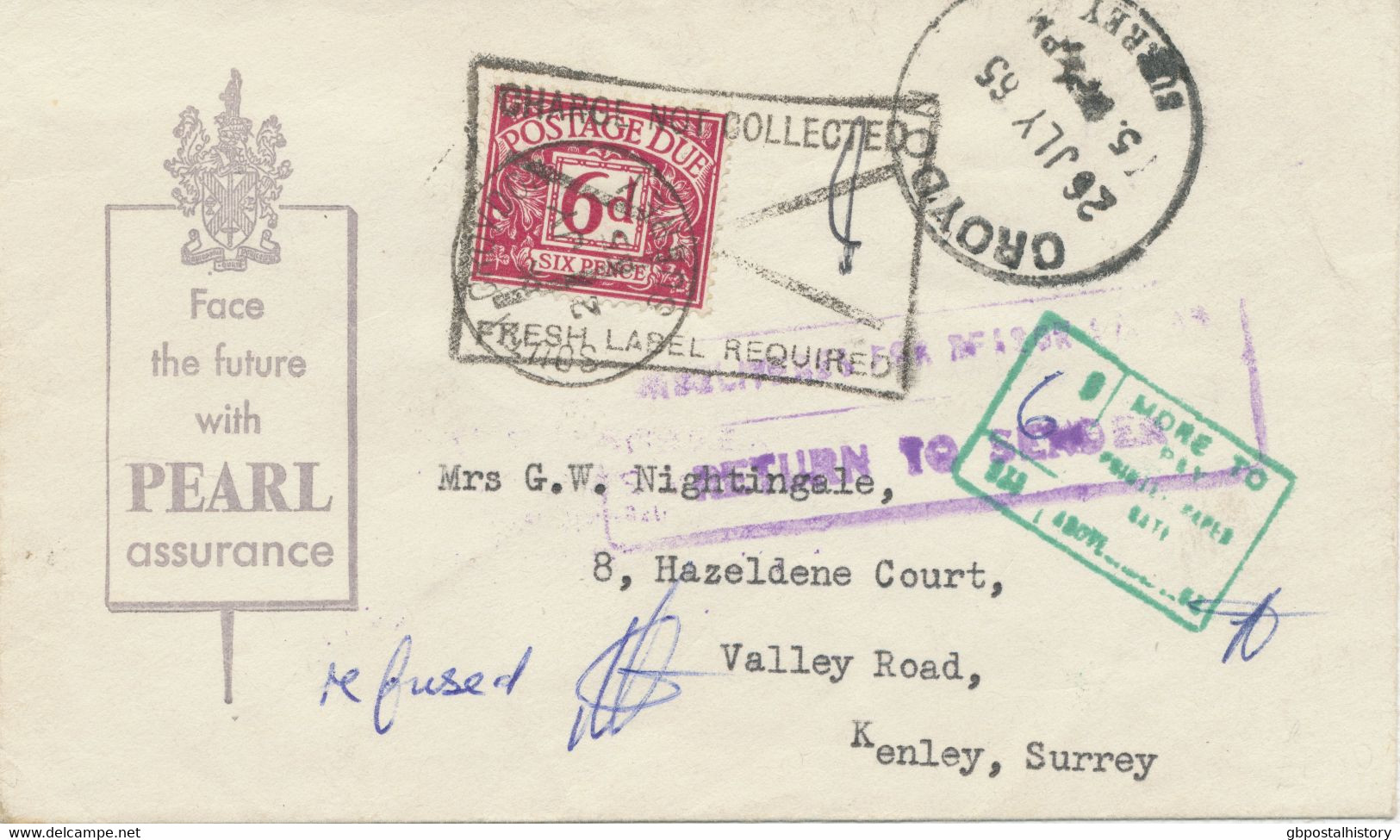 GB 1965 Superb Unpaid Cover W Skeleton Postmark „CROYDON / SURREY“ (29mm), Also Postage Due 6d CHARGE NOT COLLECTED - Impuestos