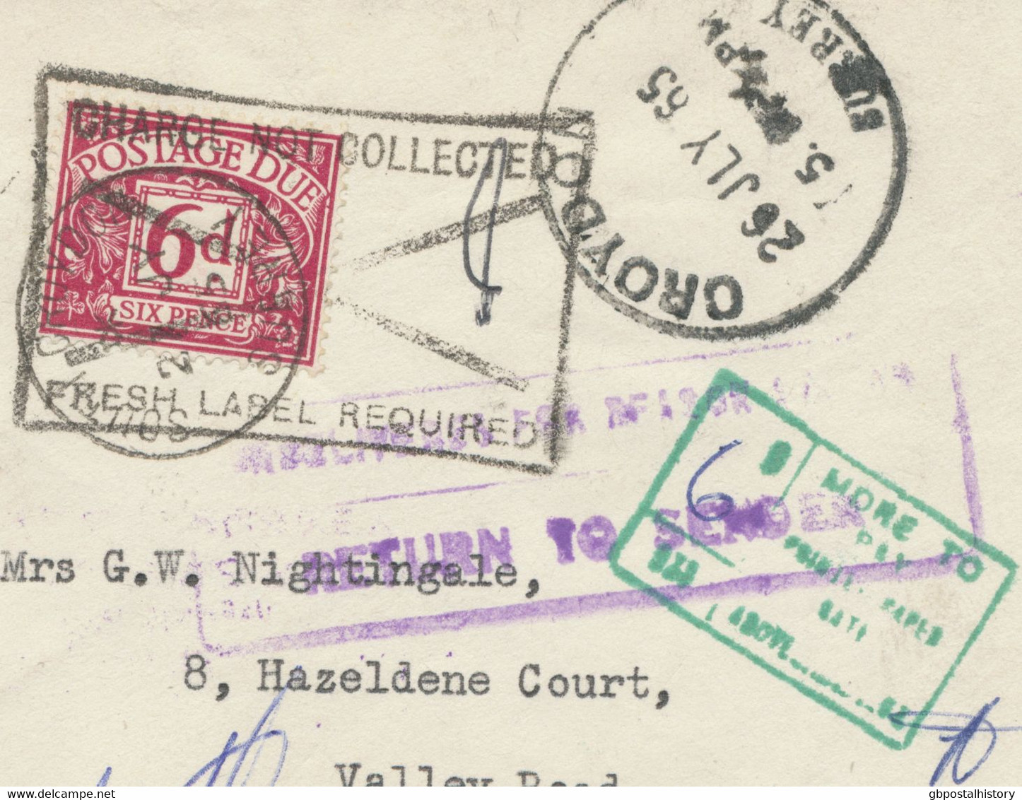 GB 1965 Superb Unpaid Cover W Skeleton Postmark „CROYDON / SURREY“ (29mm), Also Postage Due 6d CHARGE NOT COLLECTED - Taxe