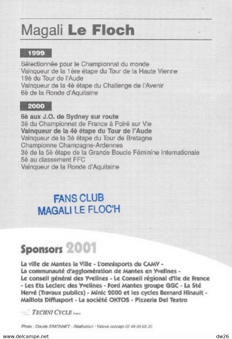 Fiche Cyclisme - Magali Le Floch, Equipe De France, Championne Champagne-Ardennes 2000 - Equipe C.A. Mantes La Ville 78 - Deportes