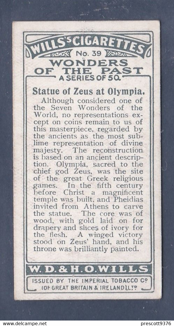 Wonders Of The Past 1926 - 39 Statue Of Zeus, Olympia -  Wills Cigarette Card - Original  - - Wills