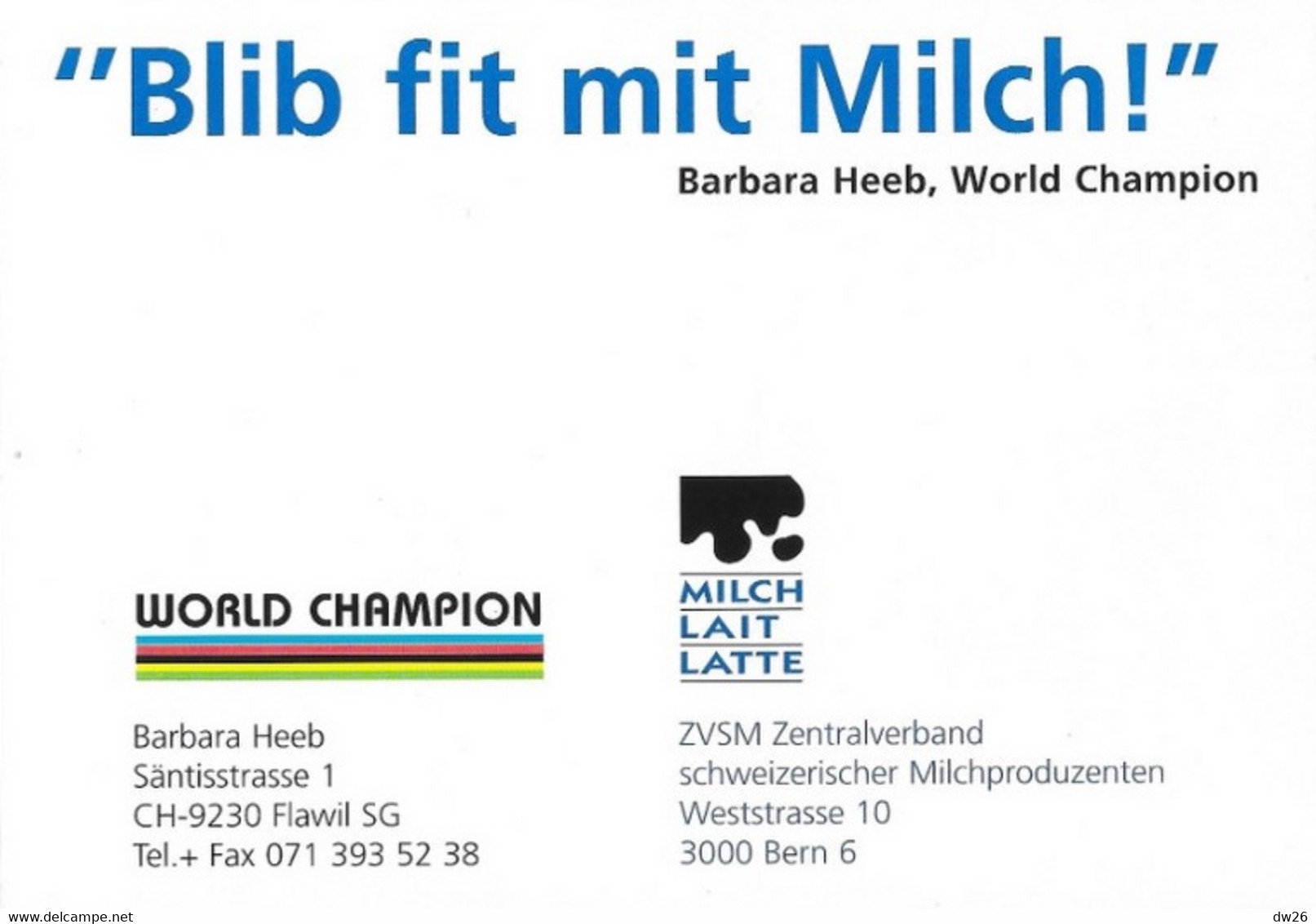 Fiche Cyclisme - Barbara Heeb, Championne Du Monde 1996 Et De Suisse Sur Route Et Contre La Montre - Milch Lait - Sports