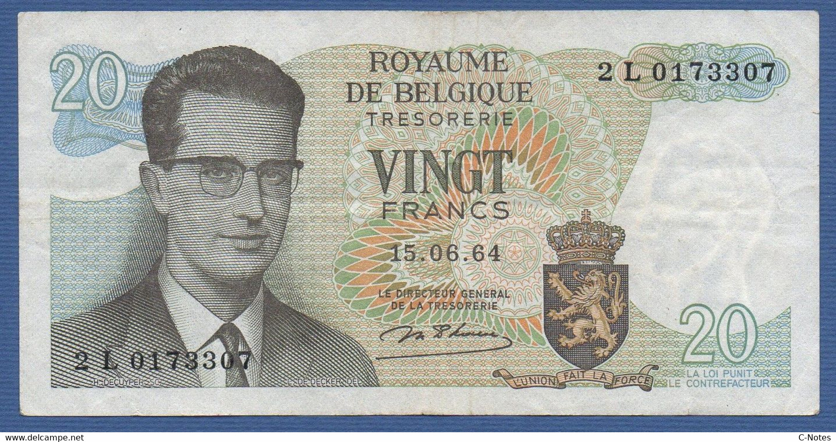 BELGIUM - P.138a1 – 20 Francs 15.06.1964 Circulated VF, Serie 2L 0173307 - Other & Unclassified