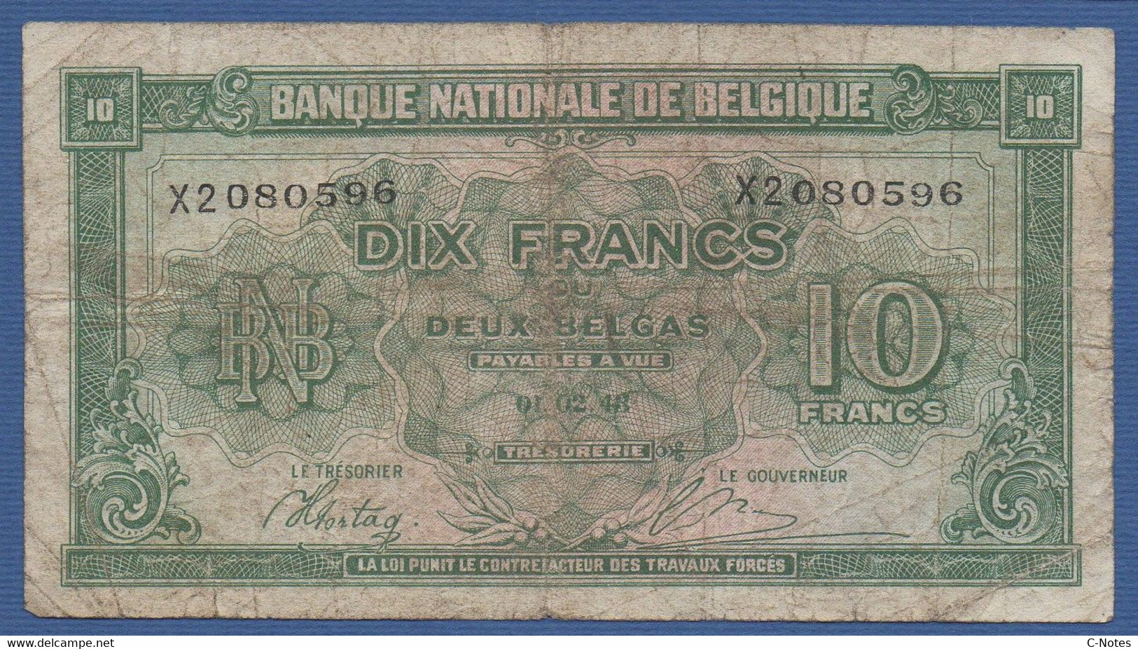 BELGIUM - P.122 – 10 Francs / Frank  = 2 Belgas 1943 CIRCULATED, Serie X2 080596 - 10 Franchi-2 Belgas