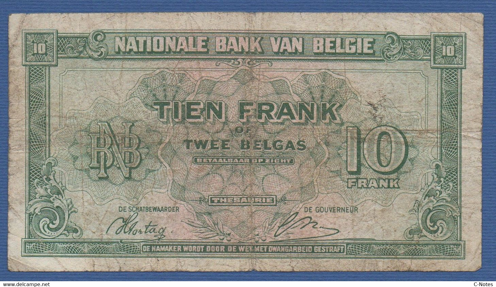 BELGIUM - P.122 – 10 Francs / Frank  = 2 Belgas 1943 CIRCULATED, Serie X2 080596 - 10 Franchi-2 Belgas