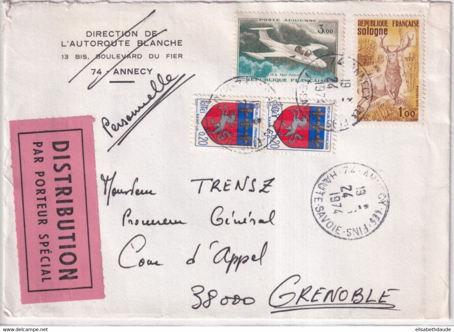 1974 - ENVELOPPE EXPRES PAR PORTEUR SPECIAL De ANNECY (HAUTE SAVOIE) - Lettres & Documents