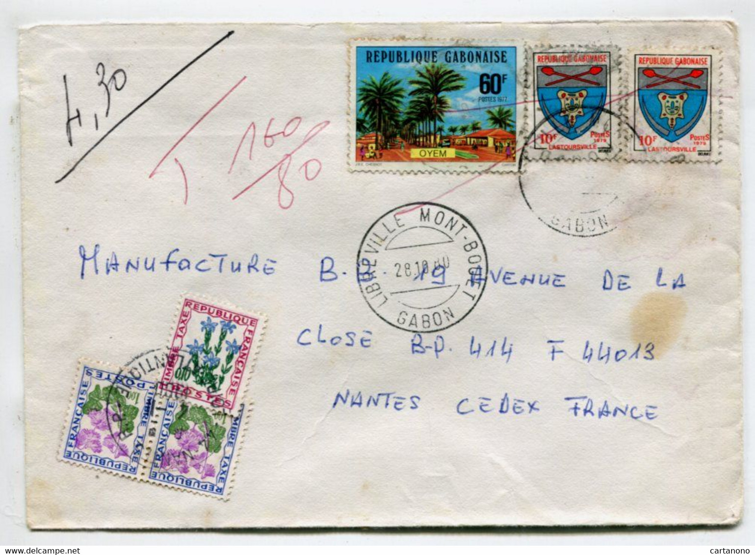 FRANCE 1980 -  Lettre En Provenance Du Gabon Taxée à L'arrivée Avec Timbre Taxe Fleurs - 1960-.... Briefe & Dokumente