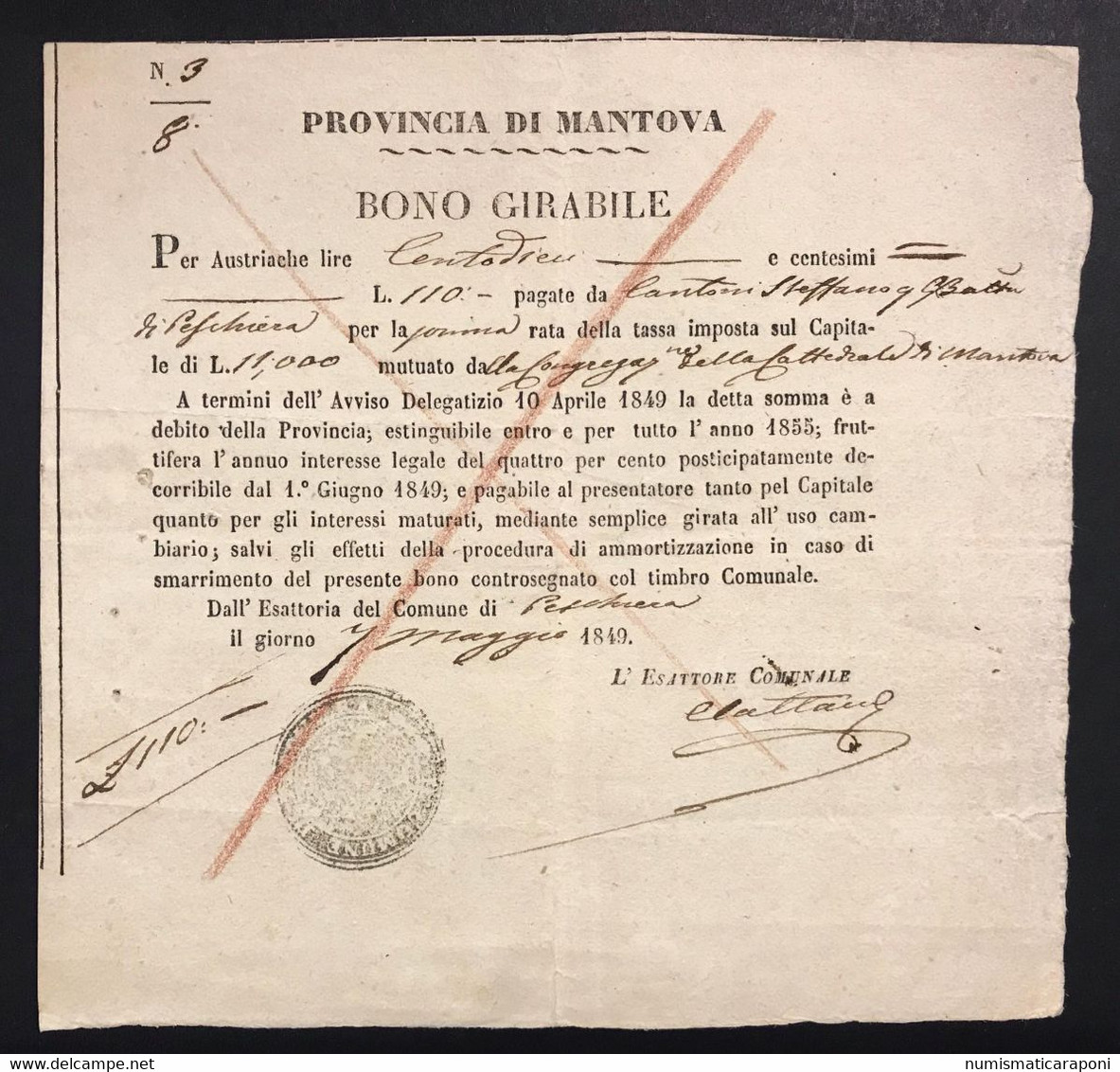 PROVINCIA DI MANTOVA BONO GIRABILE Per 110 Lire Austriache 1849 Lotto.3477 - Autres & Non Classés