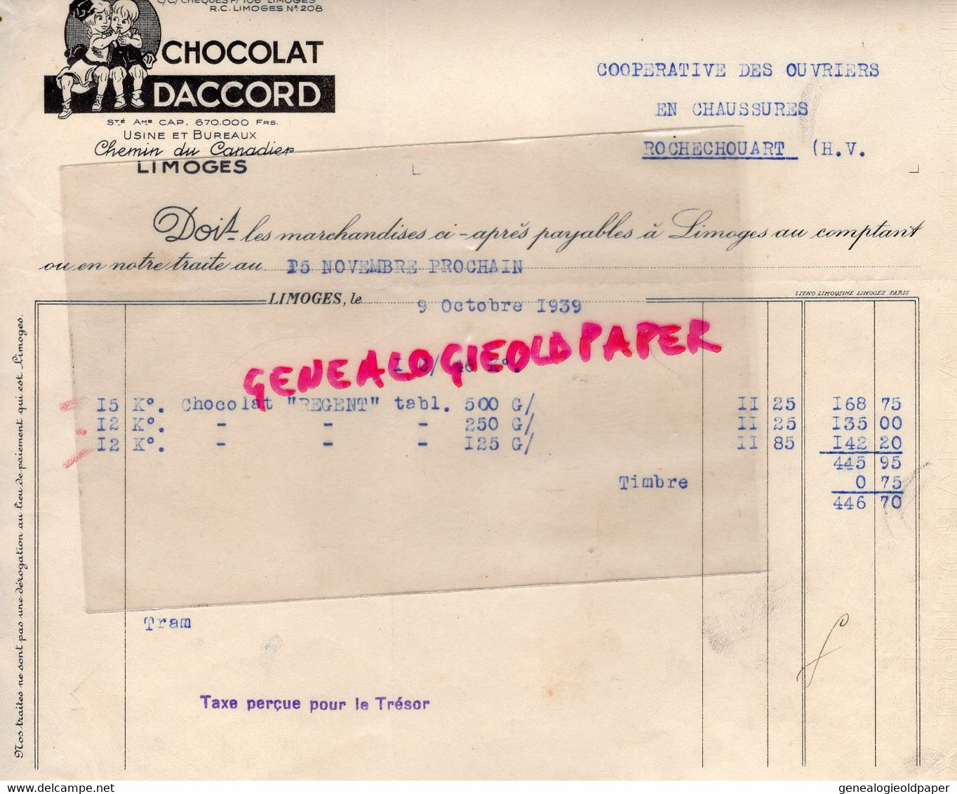 87-LIMOGES- RARE FACTURE CHOCOLAT DACCORD-ENFANTS -CHEMIN DU CANADIER -COOPERATIVE CHAUSSURES ROCHECHOUART-1939 - Ambachten