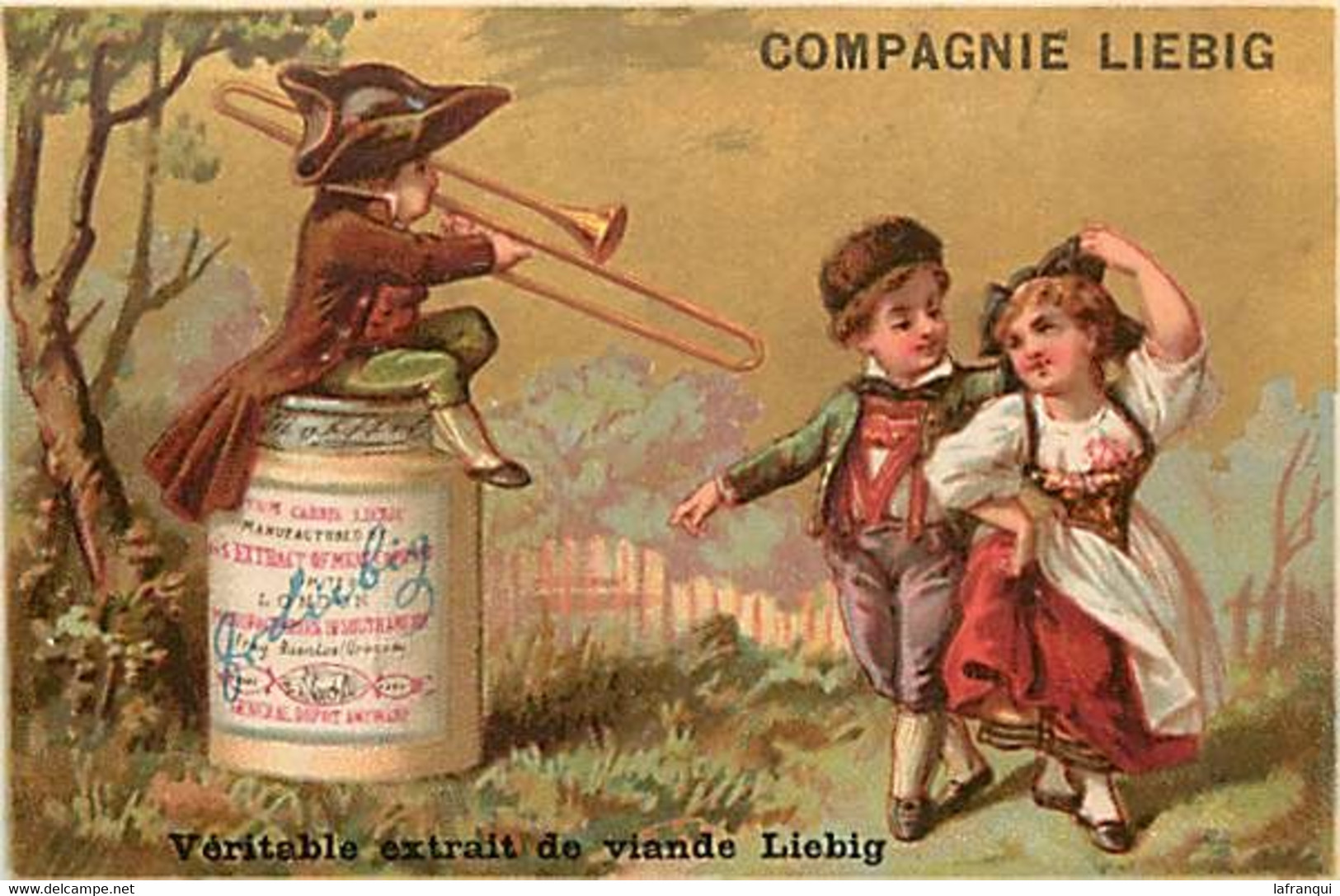 CHB119-chromos -chromo Veritable Extrait De Viande Liebig -fond Doré - Dorure -10x6,5cms -enfants -musique -trombone - - Liebig