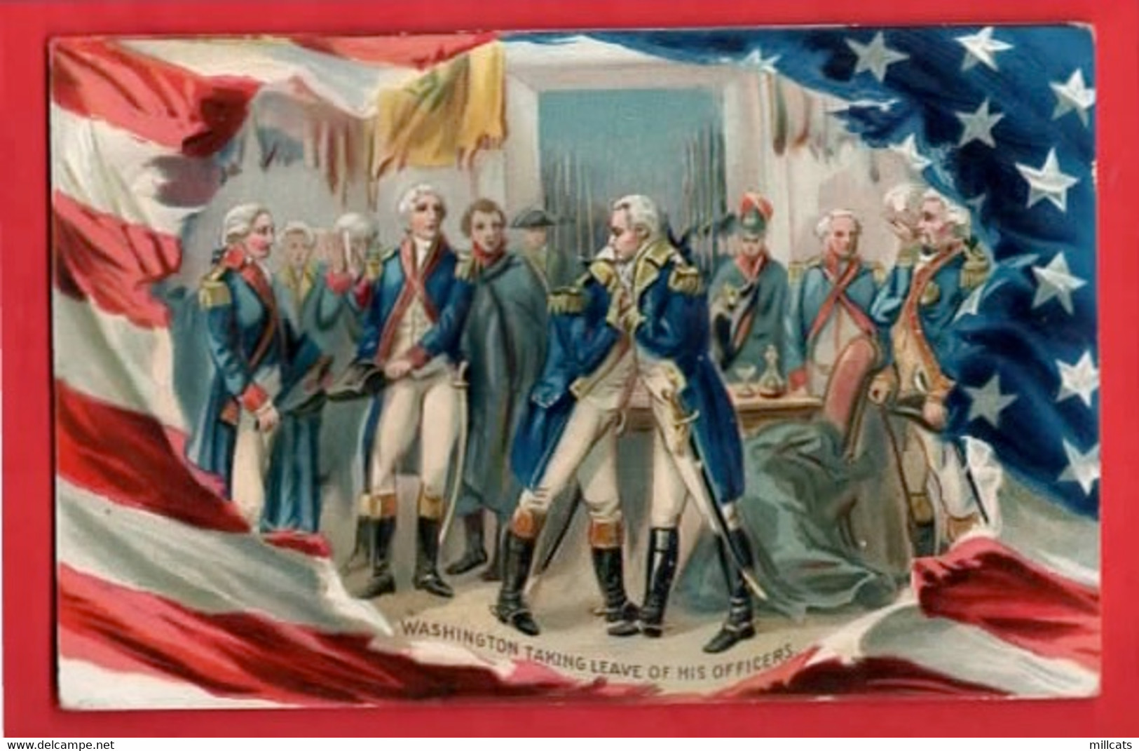 EMBOSSED RAPHAEL TUCK WASHINGTON TAKING LEAVE OF HIS OFFICERS  USA PATRIOTIC - Presidentes