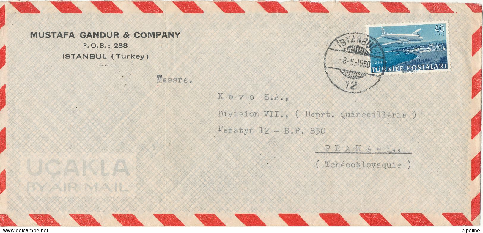 Turkey Air Mail Cover Sent To Czechoslovakia Istanbul 8-5-1950 Single Franked Bended Cover - Posta Aerea