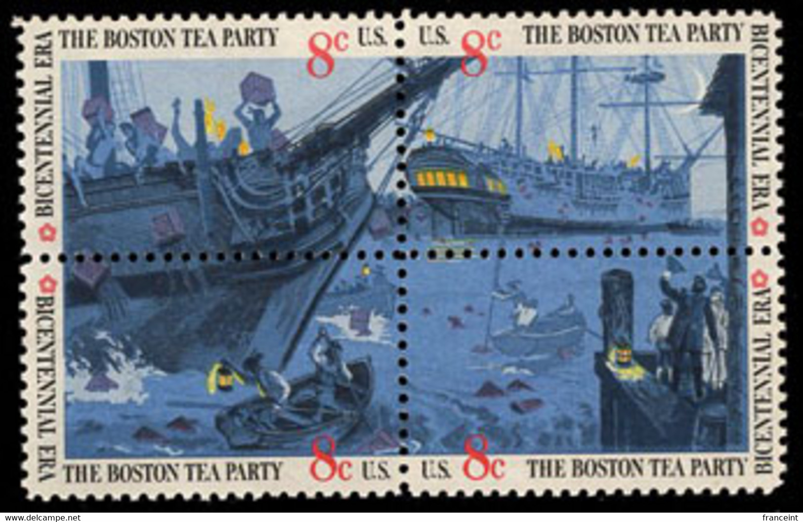 U.S.A.(1973) Boston Tea Party. Block Of 4 Missing The Color Black (litho). Scott No 1483c. APS Photo Certificate. - Variétés, Erreurs & Curiosités