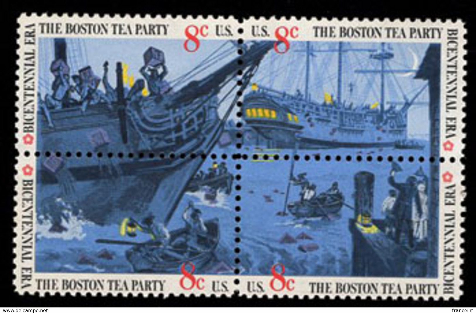 U.S.A.(1973) Boston Tea Party. Block Of 4 Missing The Color Black (litho). Scott No 1483c. APS Photo Certificate. - Errors, Freaks & Oddities (EFOs)