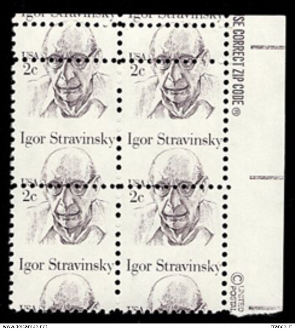 U.S.A.(1982) Igor STRAVINSKY. Misperforation In Margin Block Of 4 Resulting In Stamps Being Cut In Half. Scott 1845 - Variétés, Erreurs & Curiosités