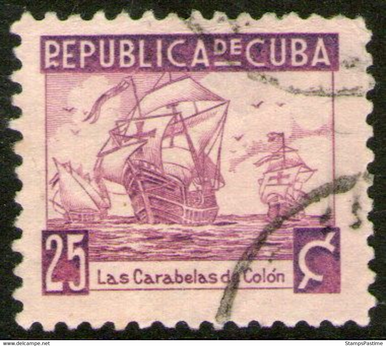 CUBA Sello Usado CARABELAS DE COLÓN X 25 Centavos Año 1937  - Valorizado En Catálogo € 40,00 - Usati