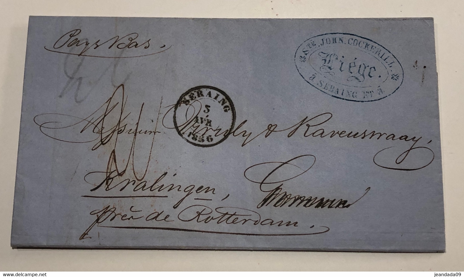 LAC John Cockerill Manuscrit 20 Seraing 3 Avril 1856 => Kralingen (Rotterdam) Pays-Bas Cachet Ambulant Nord 1 - 1851-1857 Medallions (6/8)