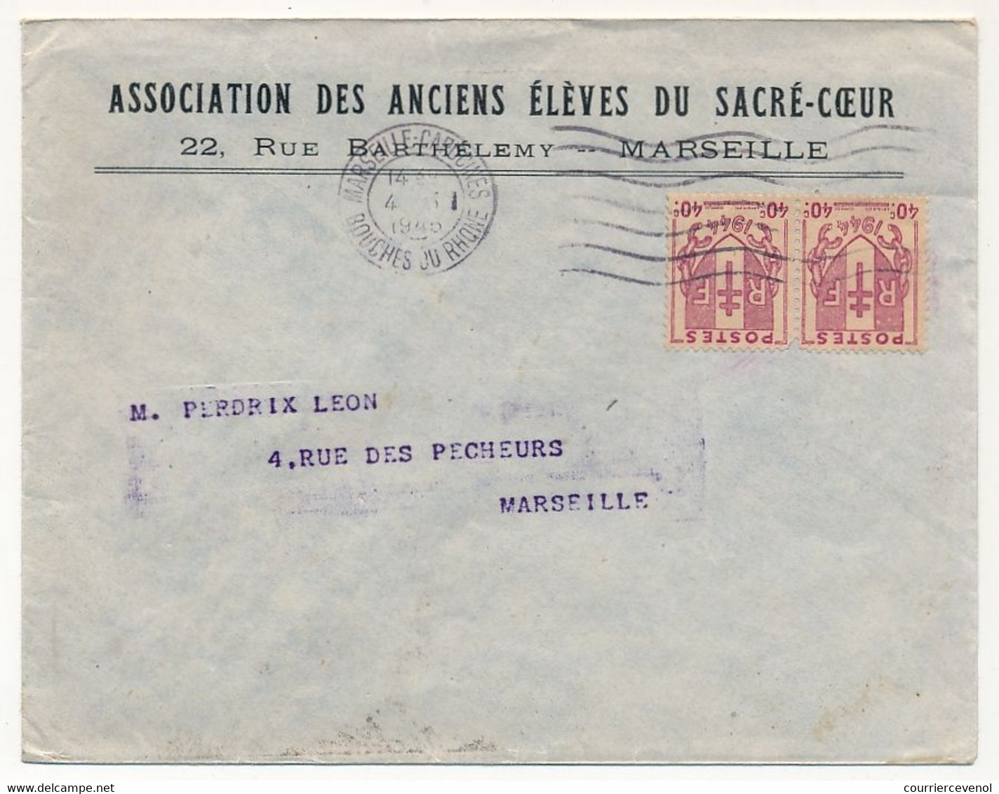 FRANCE - Env Affranchie 40c Chaines Brisées X2 ) Marseille 1944 Sur En-tête Association Anciens élèves Du Sacré Coeur - Lettres & Documents