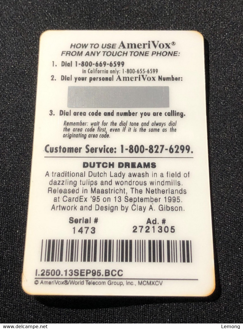USA UNITED STATES America AmeriVox Prepaid Telecard Phonecard, CardEx ‘95 Dutch Dreams’ Artwork, Set Of 1 Mint Card - Amerivox