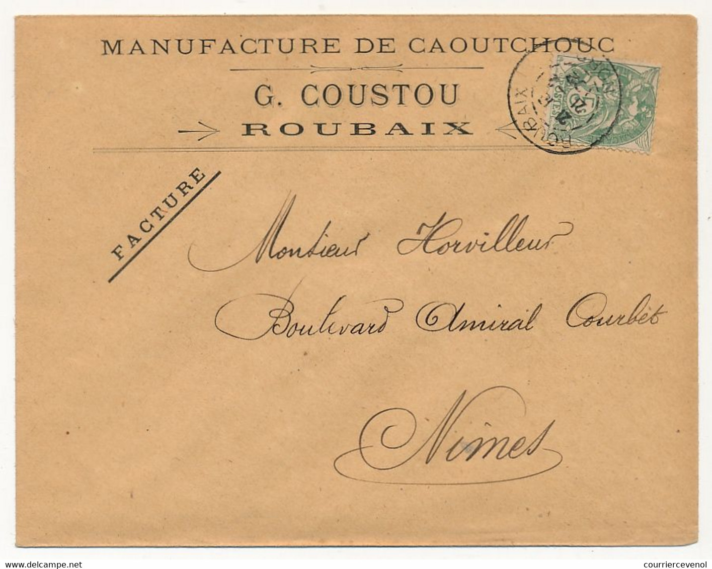 FRANCE - Env. En-tête "Manufacture De Caoutchouc G.COUSTOU - ROUBAIX" Affr 5c Blanc - 1902 - 1900 – 1949