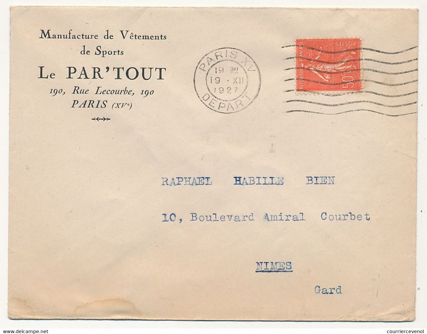 FRANCE - Env. En-tête "Manufacture De Vêtements De Sports Le Par'tout - Paris" - Affr 50c Semeuse Omec Paris XV - 1927 - 1900 – 1949