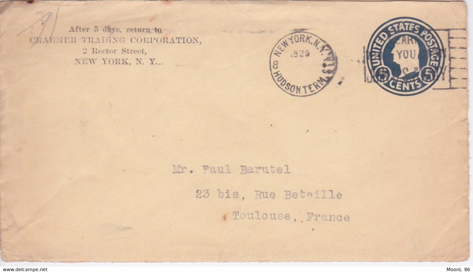 USA  - ENTIER POSTAL 1920 - US.POSTAGE -  CACHET New York - 1901-20