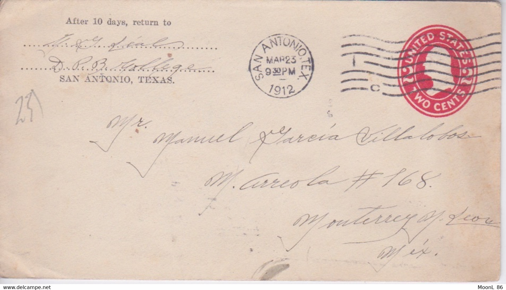 USA  - ENTIER POSTAL 1912 - US.POSTAGE  2 CENTS -   CACHET  SAN ANTONIO TEXAS - 1901-20