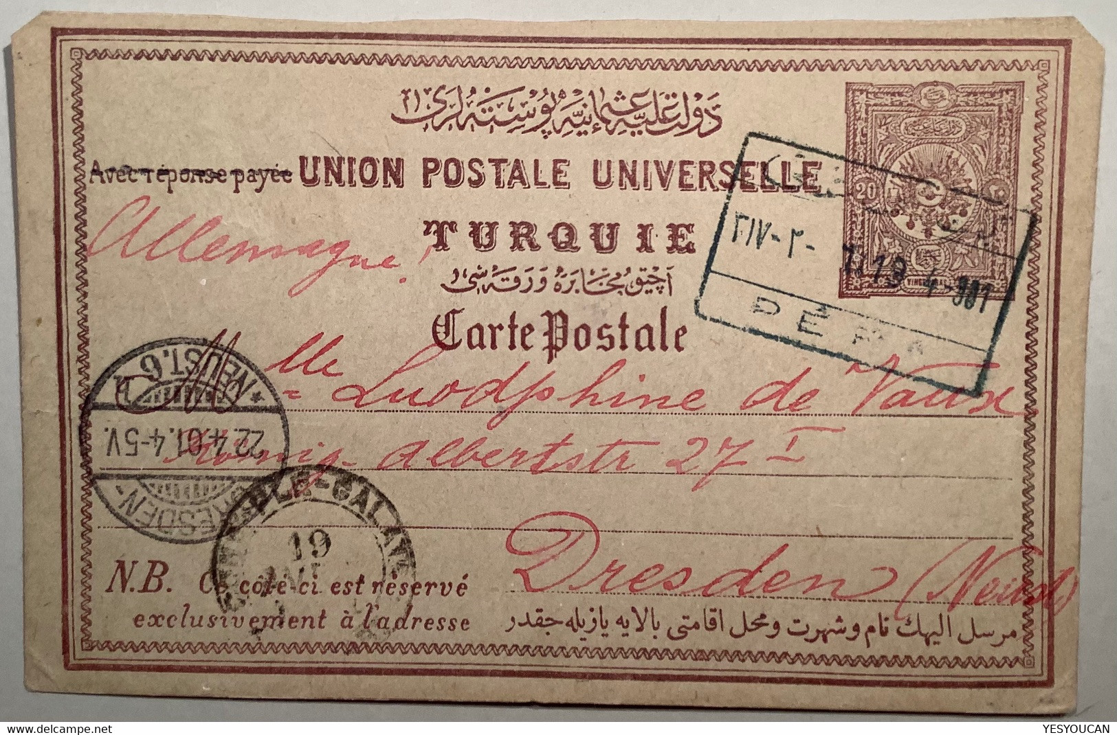 “PÉRA 1901” Blue R! Reply Postal Stationery Autograph ISMAÏL HAKKI BEY(Turkey Ottoman Empire Cover Constantinople - Storia Postale