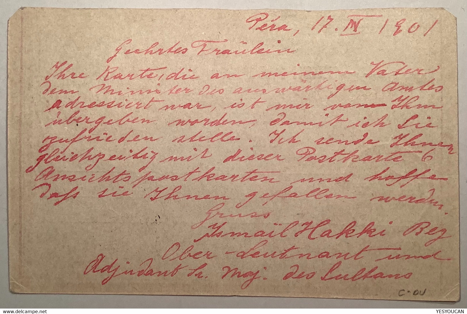 “PÉRA 1901” Blue R! Reply Postal Stationery Autograph ISMAÏL HAKKI BEY(Turkey Ottoman Empire Cover Constantinople - Brieven En Documenten