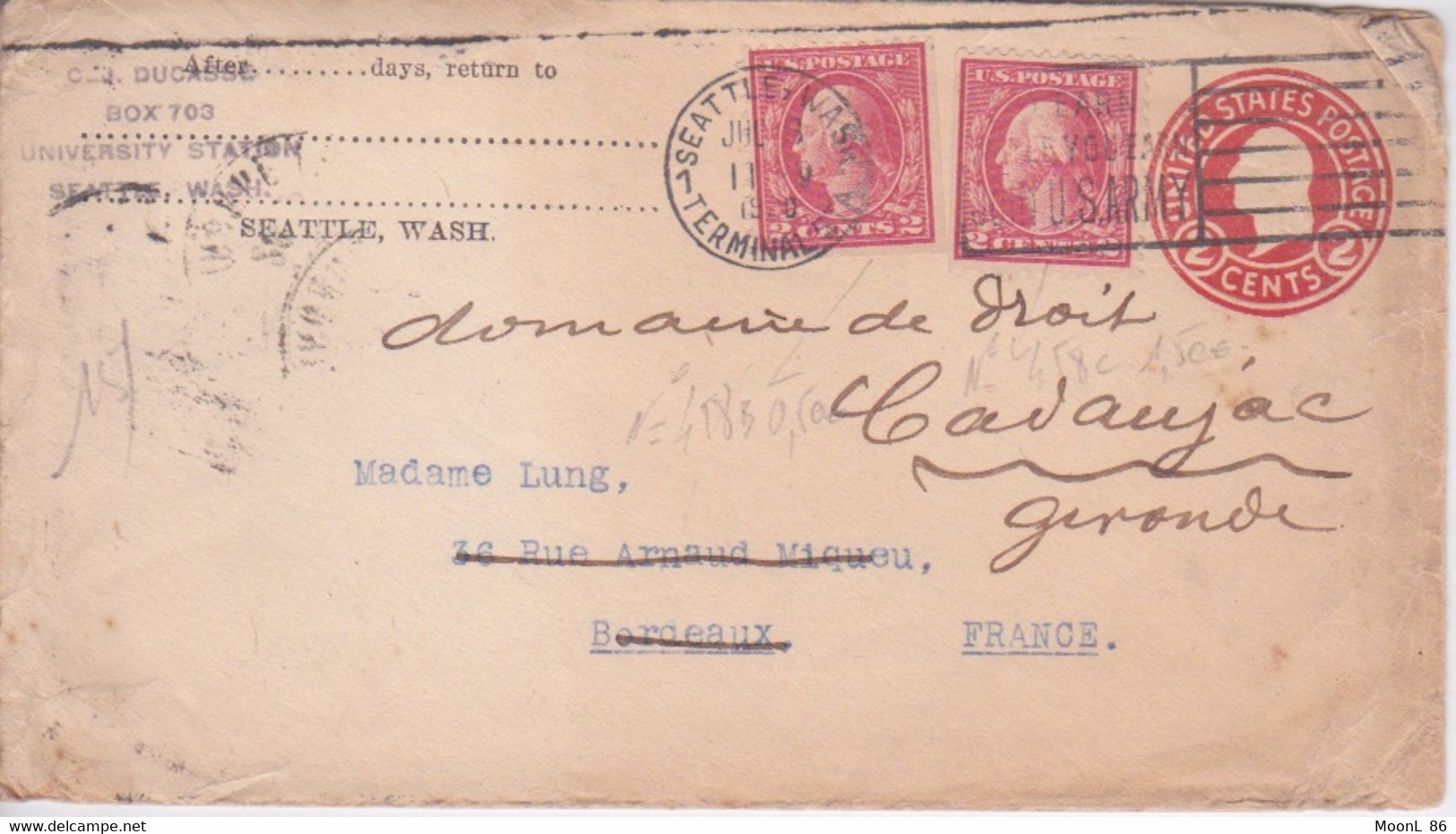 USA  - ENTIER POSTAL + TIMBRES - US.POSTAGE  2 CENTS - CACHET FLAMME SEATTLE WASH. - 1901-20