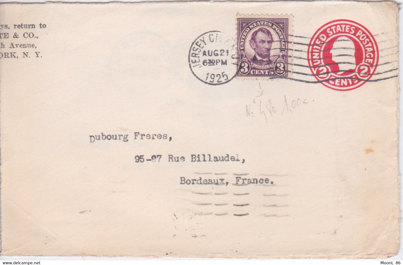 USA  - ENTIER POSTAL + TIMBRE - US.POSTAGE  2 CENTS - CACHET FLAMME NEW YORK JERSEY - 1921-40