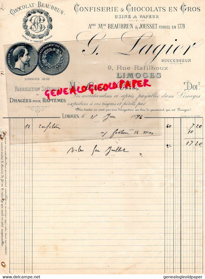 87 - LIMOGES - FACTURE G. LAGIER- CONFISERIE CHOCOLAT BEAUBRUN- JOUSSET-9 RUE RAFILHOUX- 1896 - 1800 – 1899
