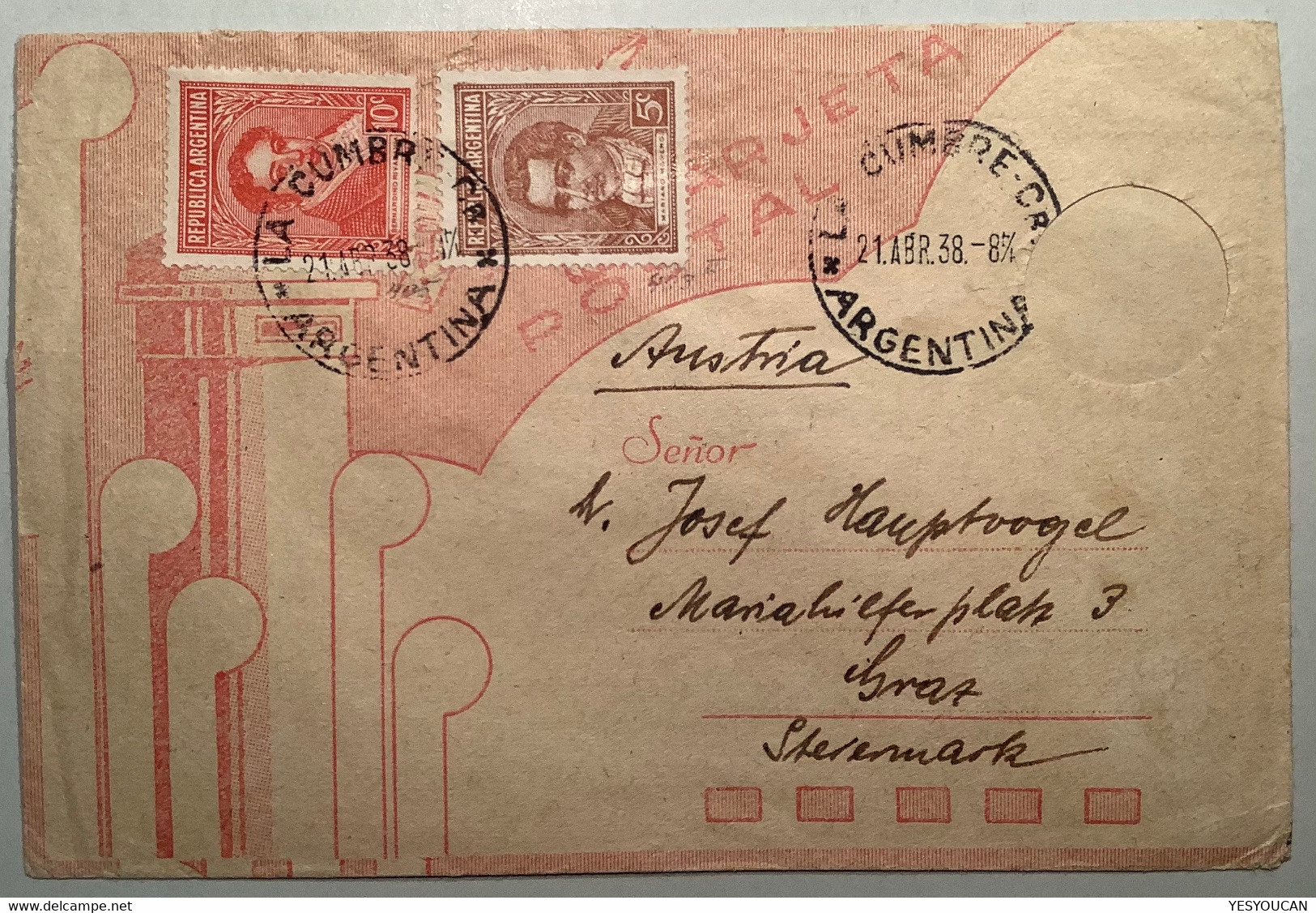 1938 RR !  “TARJETA POSTAL” ENVELOPE LA CUMBRE ARGENTINA>Graz(music Pigeon Telegraph Mailbox Cover Postal Stationery - Covers & Documents