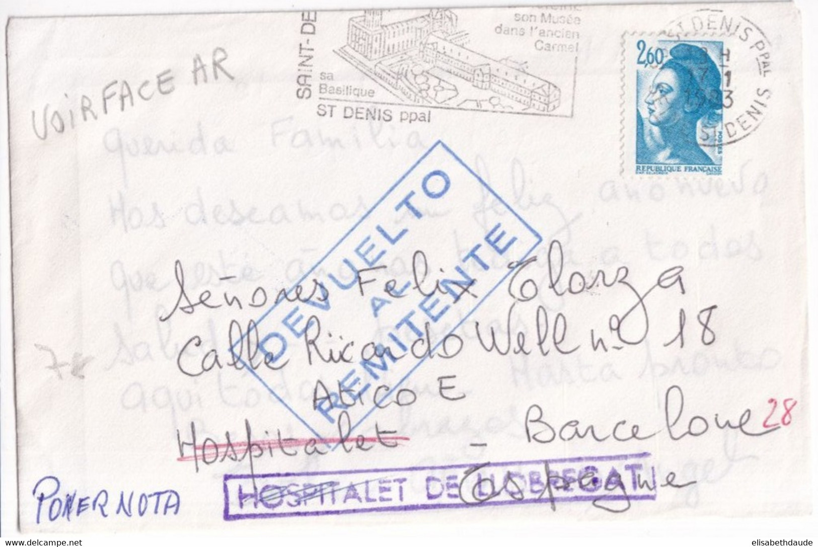 1983 - LIBERTE De GANDON Sur ENVELOPPE Avec CARTE De ST DENIS => HOSPITALET (ESPAGNE) => DEVUELTO AL REMITENTE (RETOUR) - Brieven En Documenten