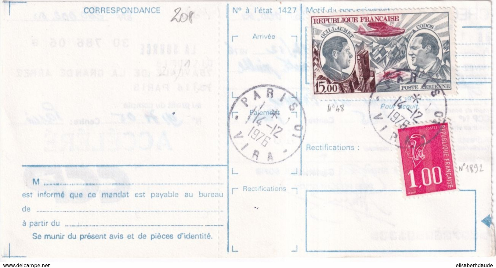 1976 - POSTE AERIENNE + BEQUET AU DOS D'un CHEQUE POSTAL CCP ACCELERE De 260.000 F ! => BANQUE DE FRANCE - Briefe U. Dokumente