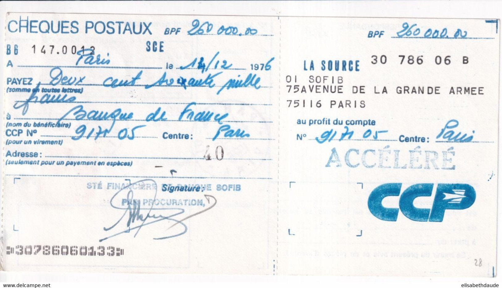 1976 - POSTE AERIENNE + BEQUET AU DOS D'un CHEQUE POSTAL CCP ACCELERE De 260.000 F ! => BANQUE DE FRANCE - Lettres & Documents