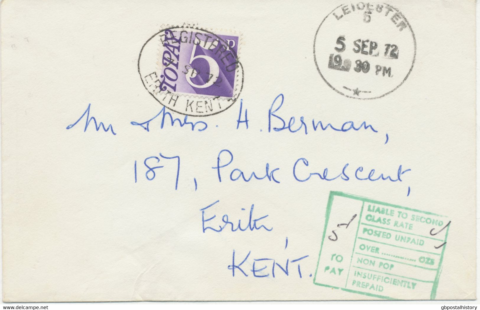 GB 1972 Superb Unpaid Cover Tied By Blackwell Datestamp „LEICESTER / 5“ Also Green Boxed + Instructional / Postage Due - Impuestos